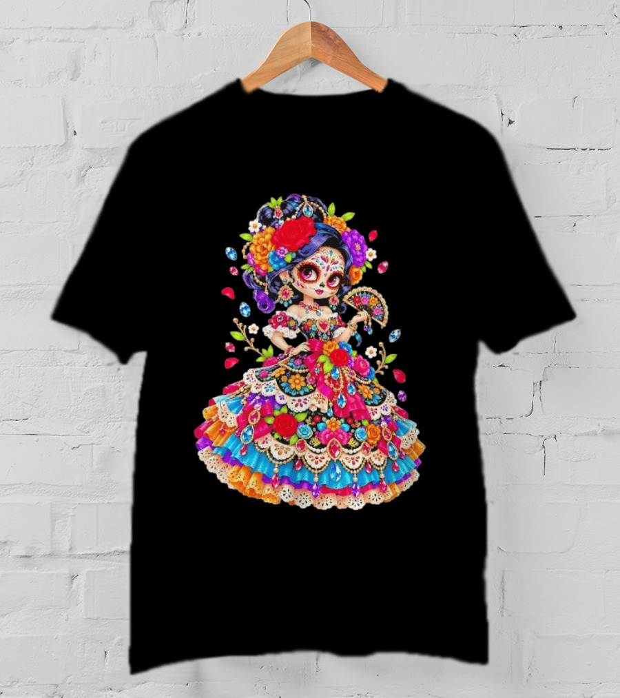Day Of The Dead Catrina Girl Floral Dress Colorful Sugar Skull T-Shirt