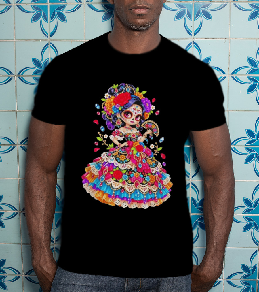 Day Of The Dead Catrina Girl Floral Dress Colorful Sugar Skull T-Shirt