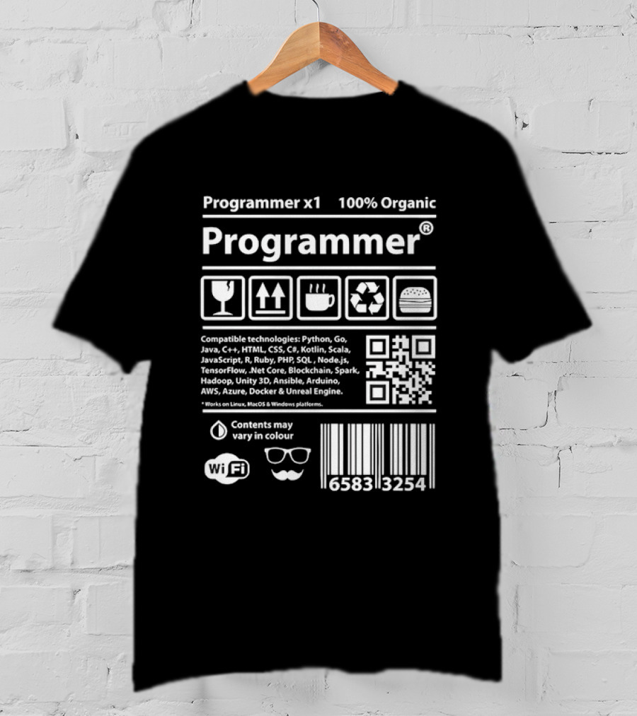Programmer X1 100 Percent Organic Contents May Vary In Colour Barcode WiFi Coffee Recycle T-Shirt