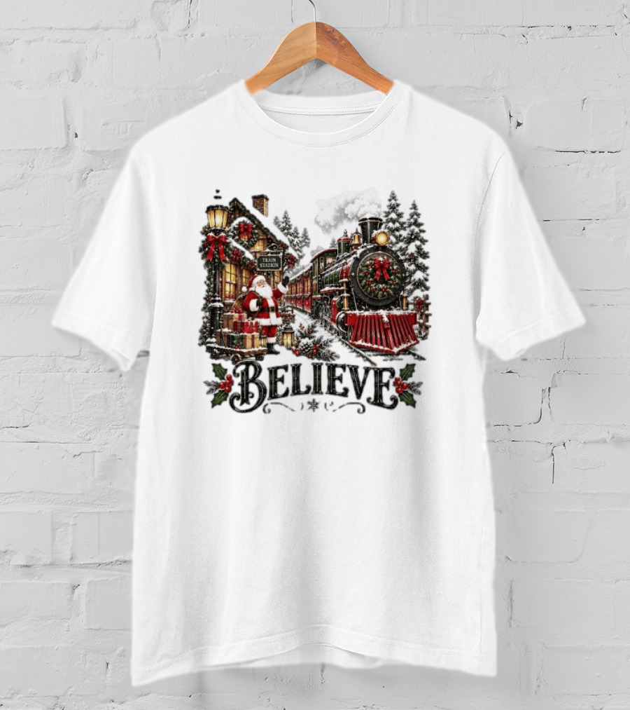 Believe Santa Claus At The Christmas Train Station With Snowy Locomotive Ornaments T-Shirt