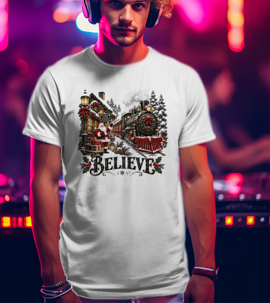 Believe Santa Claus At The Christmas Train Station With Snowy Locomotive Ornaments T-Shirt