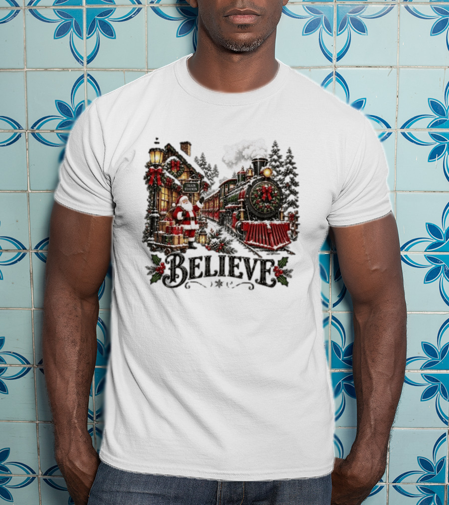 Believe Santa Claus At The Christmas Train Station With Snowy Locomotive Ornaments T-Shirt