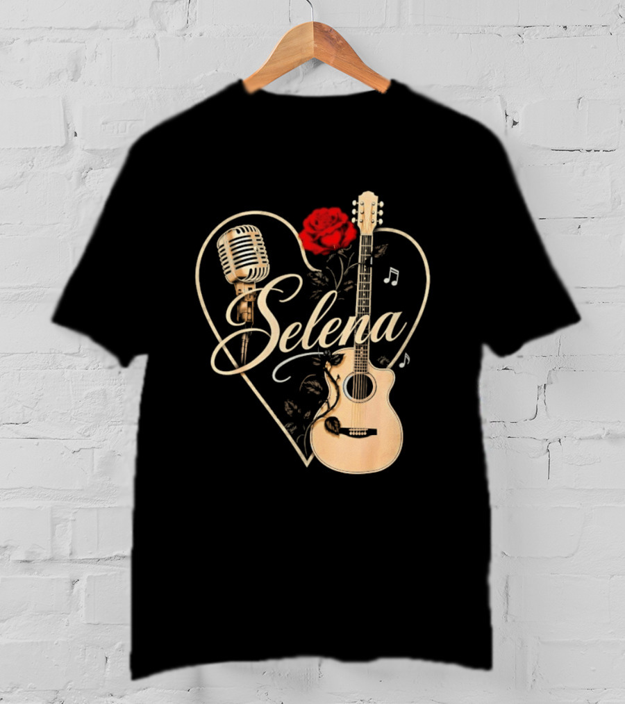 Selena Heart With Rose Microphone Guitar Music Notes T-Shirt