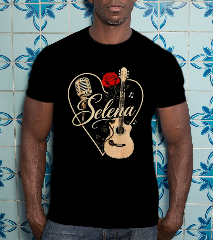 Selena Heart With Rose Microphone Guitar Music Notes T-Shirt