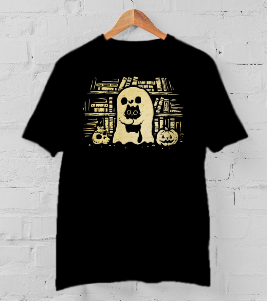 Ghostly Hugs Black Cat Embrace With Pumpkin And Skull In Library T-Shirt