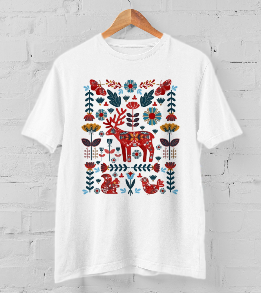 Scandinavian Folk Art Reindeer Forest Animals Flowers And Nature Wildlife T-Shirt