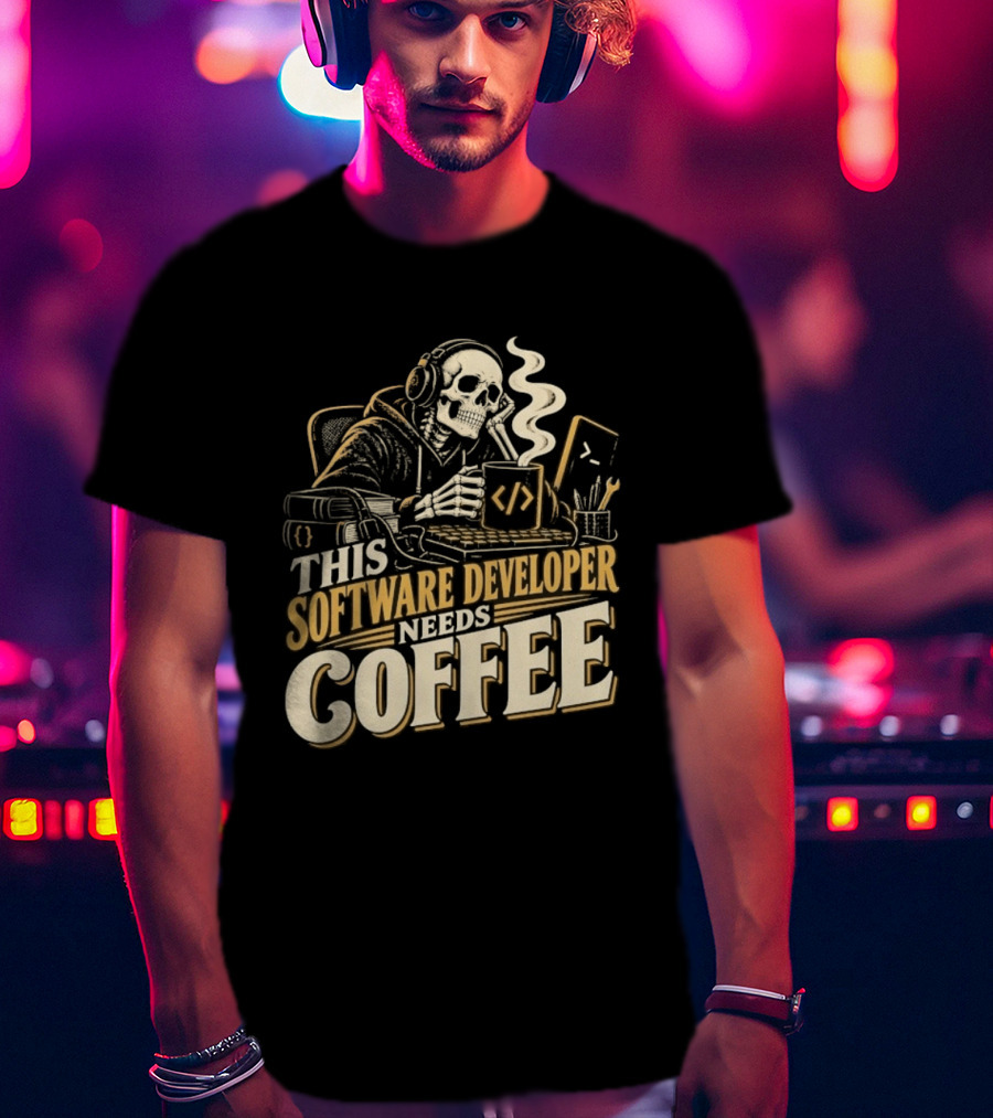 This Software Developer Needs Coffee Coding Skeleton T-Shirt