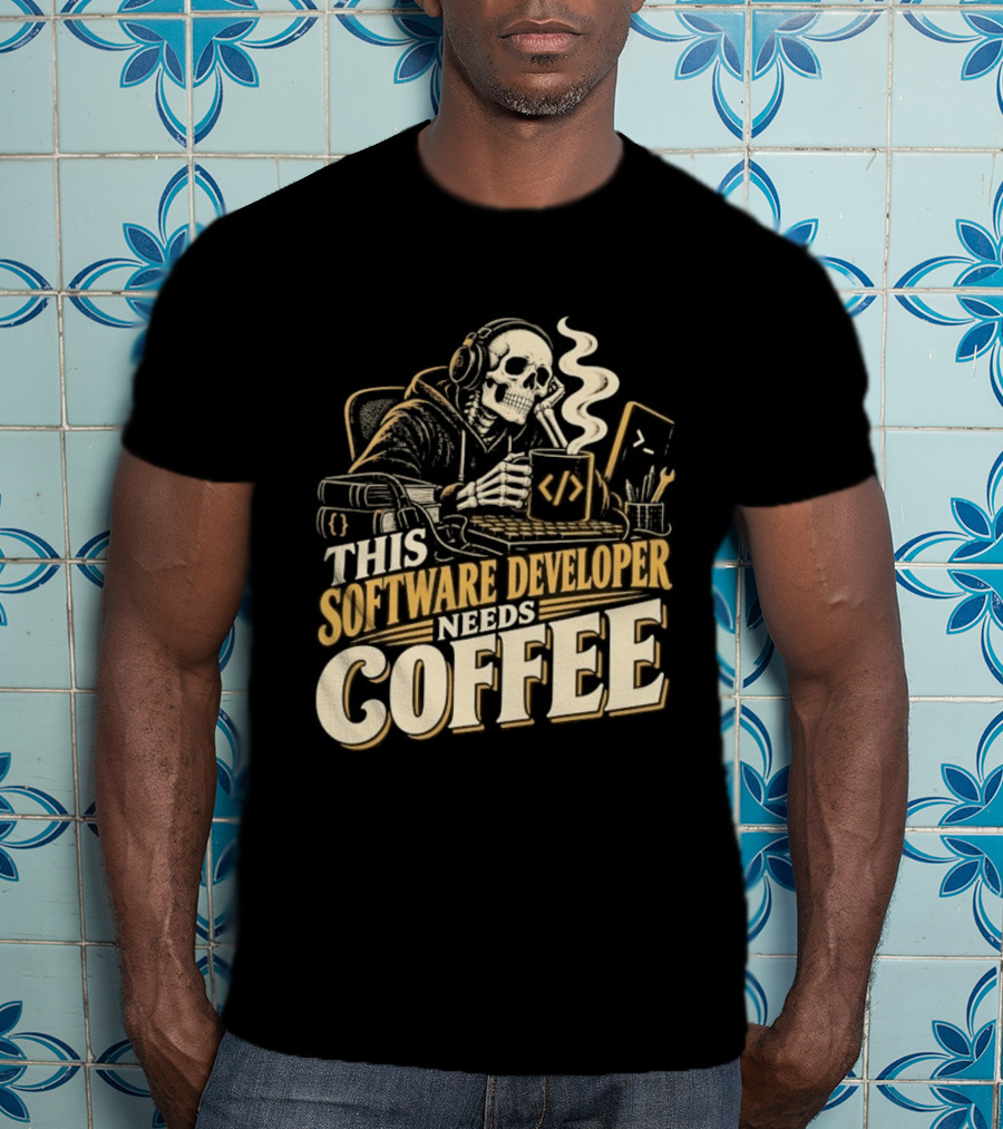This Software Developer Needs Coffee Coding Skeleton T-Shirt