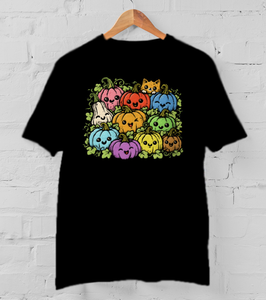 Halloween Cute Colorful Pumpkins And Gourds With Orange Cat T-Shirt