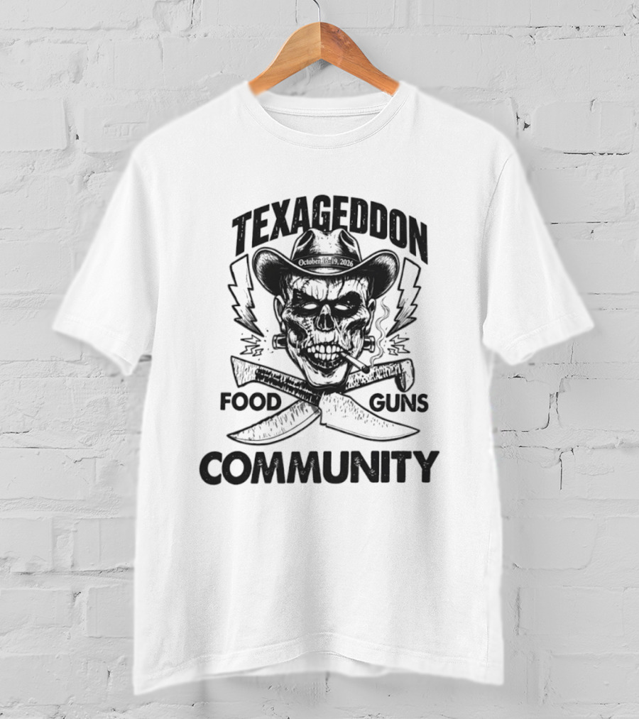 Texageddon October 16 19 2026 Skull Cowboy Knives Guns Lightning Community T-Shirt