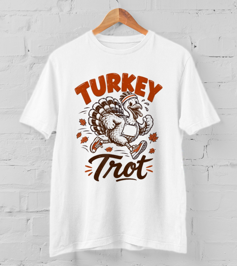 Turkey Trot Running Thanksgiving Holiday Turkey With Headband And Falling Leaves T-Shirt
