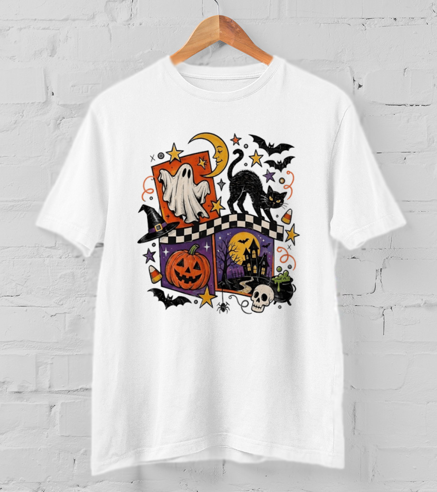 Halloween Ghost Cat Moon Pumpkin Witch Hat Skull Scene T-Shirt