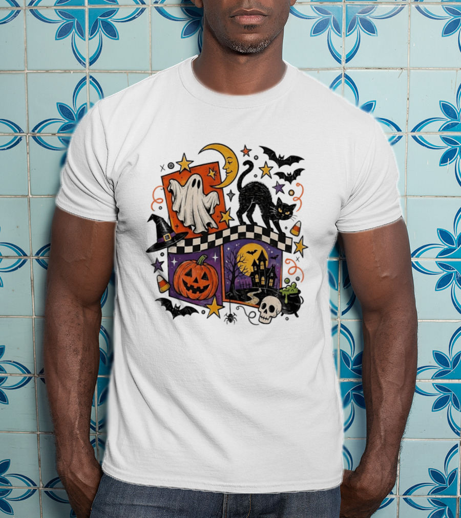 Halloween Ghost Cat Moon Pumpkin Witch Hat Skull Scene T-Shirt