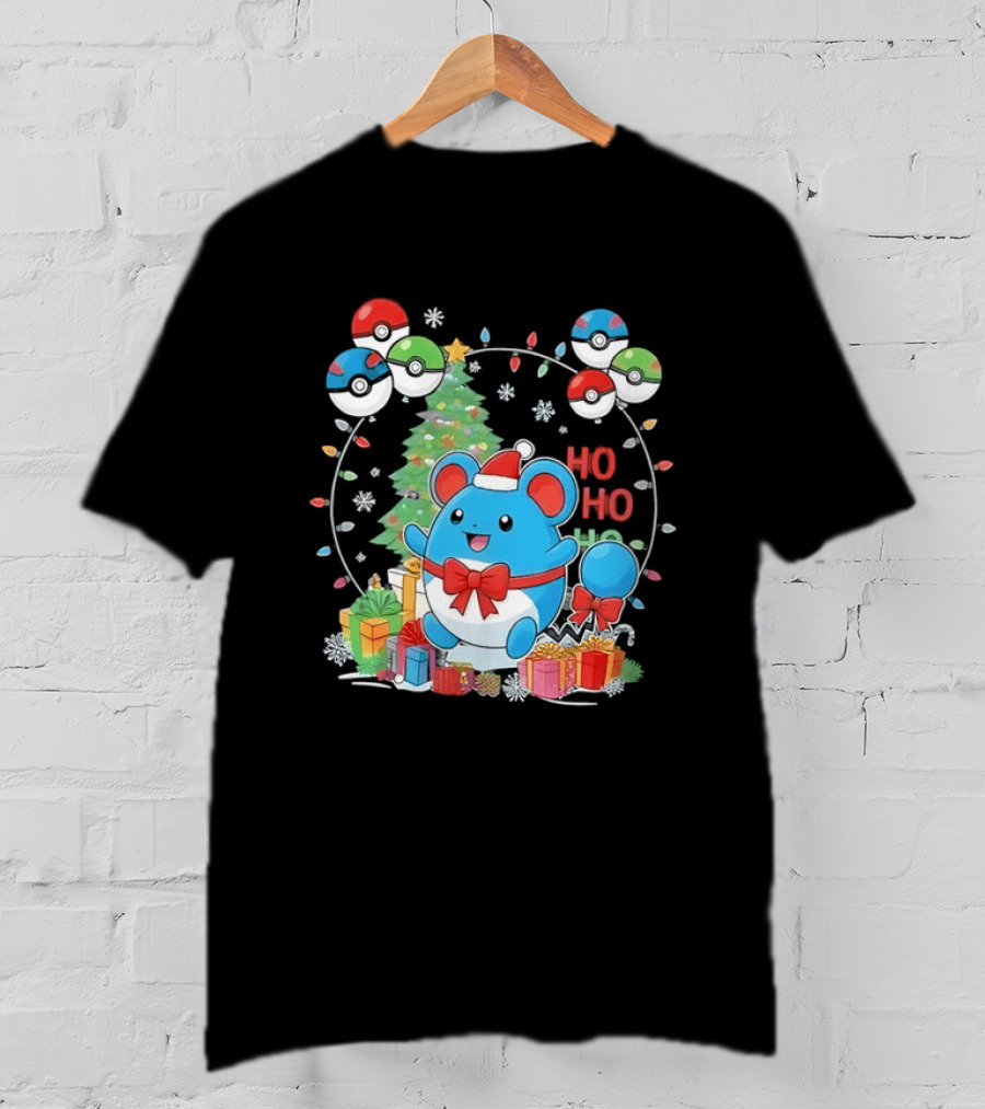 Marill Pokemon Christmas Ho Ho Ho Holiday Pokeballs Snowflakes Presents T-Shirt