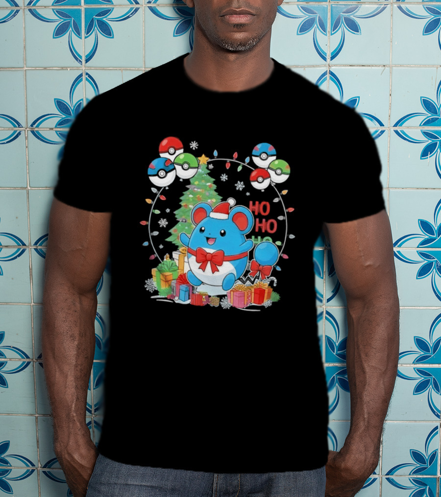 Marill Pokemon Christmas Ho Ho Ho Holiday Pokeballs Snowflakes Presents T-Shirt