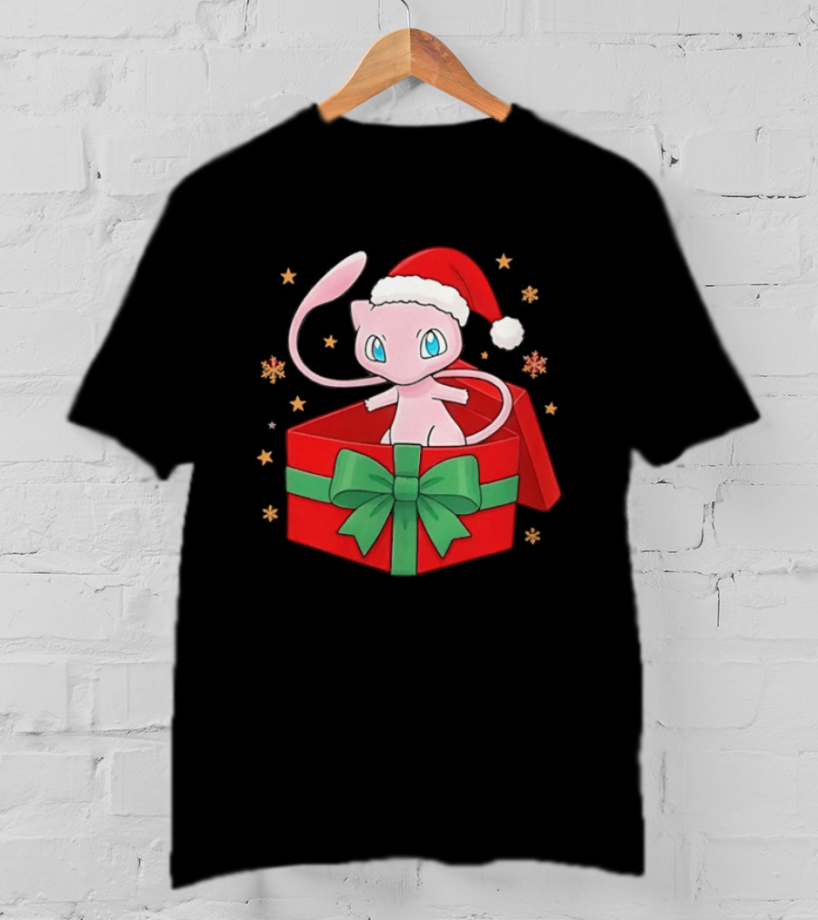 Mew Christmas Gift Box Pokemon Holiday Santa Hat Festive T-Shirt