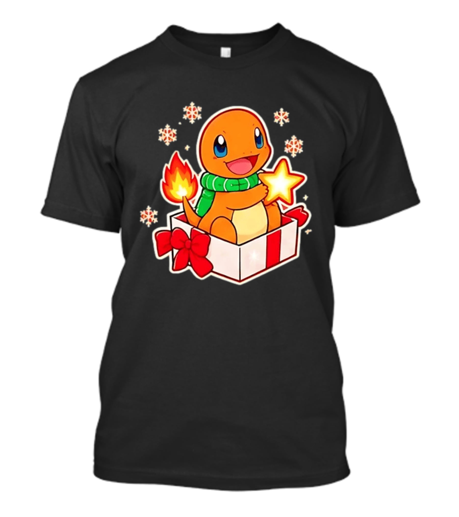 Charmander Holding Star In Christmas Gift Box With Snowflakes And Green Scarf T-Shirt