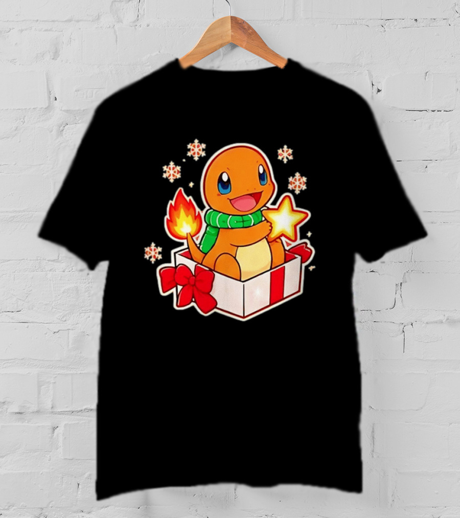 Charmander Holding Star In Christmas Gift Box With Snowflakes And Green Scarf T-Shirt