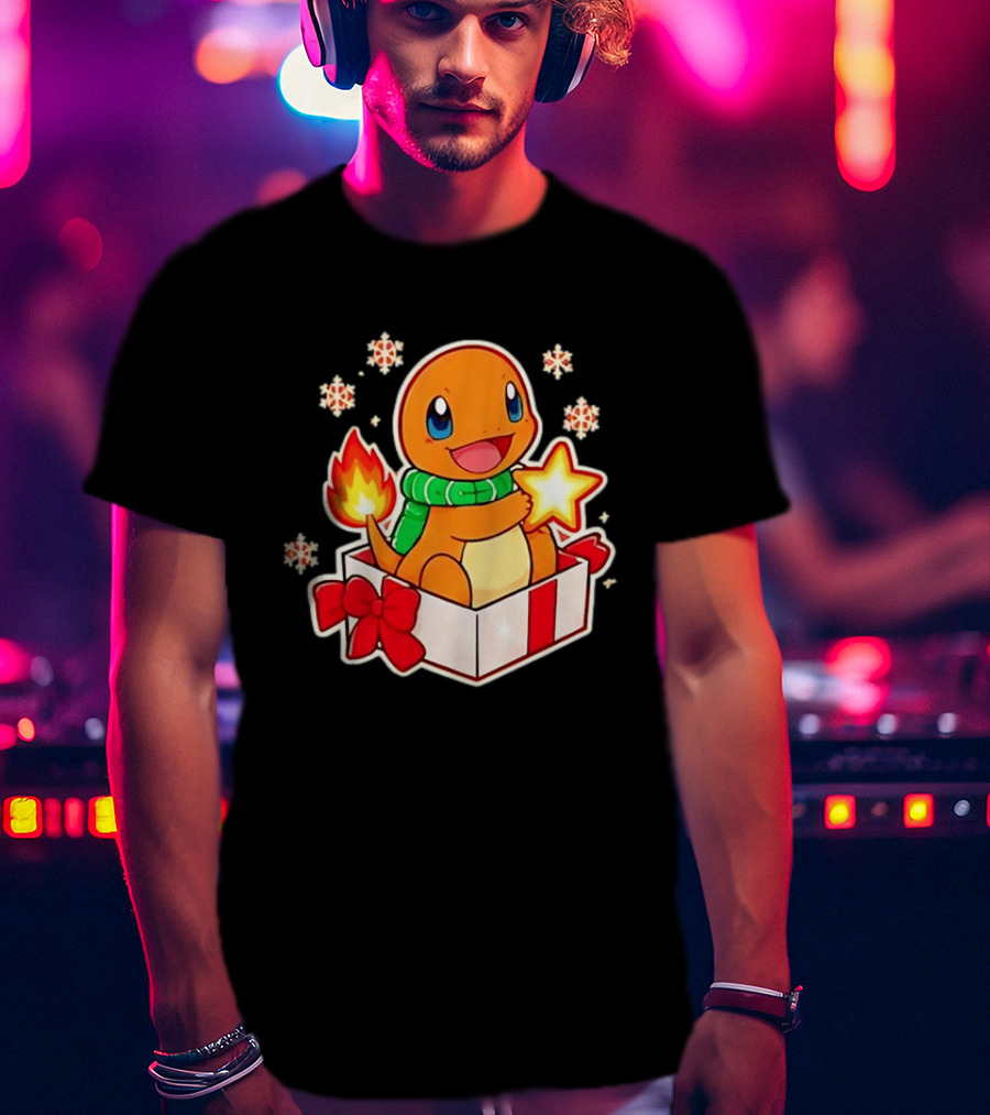 Charmander Holding Star In Christmas Gift Box With Snowflakes And Green Scarf T-Shirt