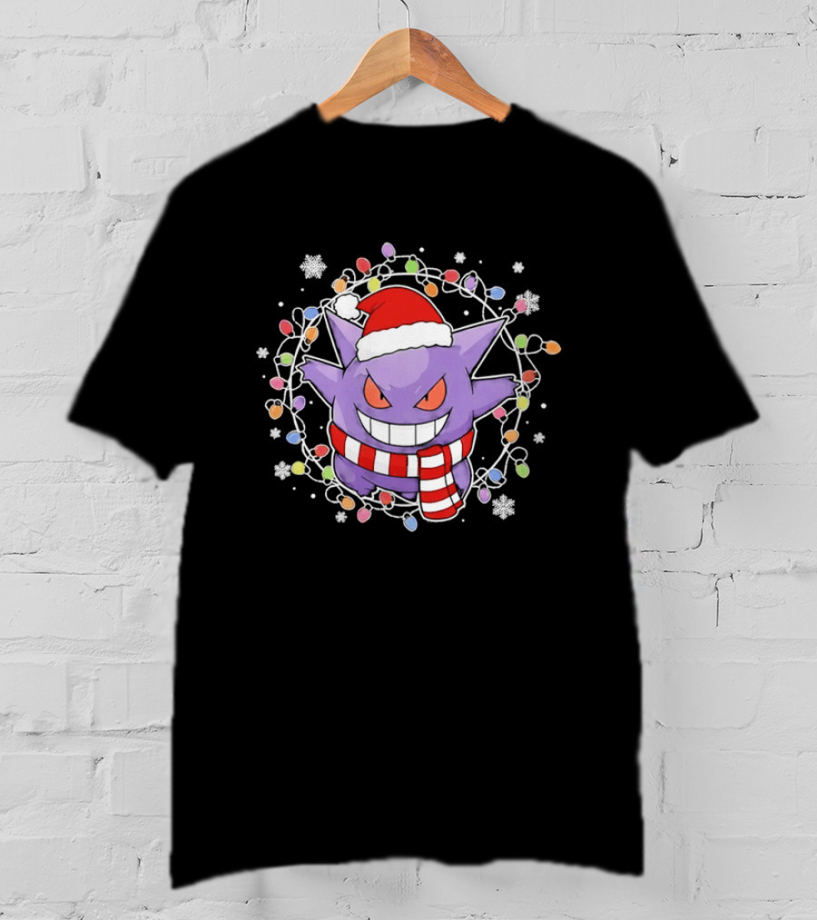 Gengar Christmas Lights Holiday Festive Santa Hat And Scarf T-Shirt