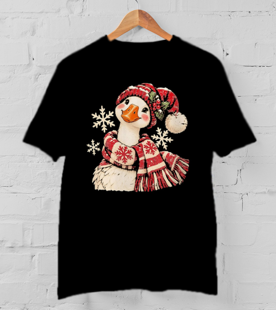 Goose With Red Scarf And Hat In Snowflake Winter Scene T-Shirt