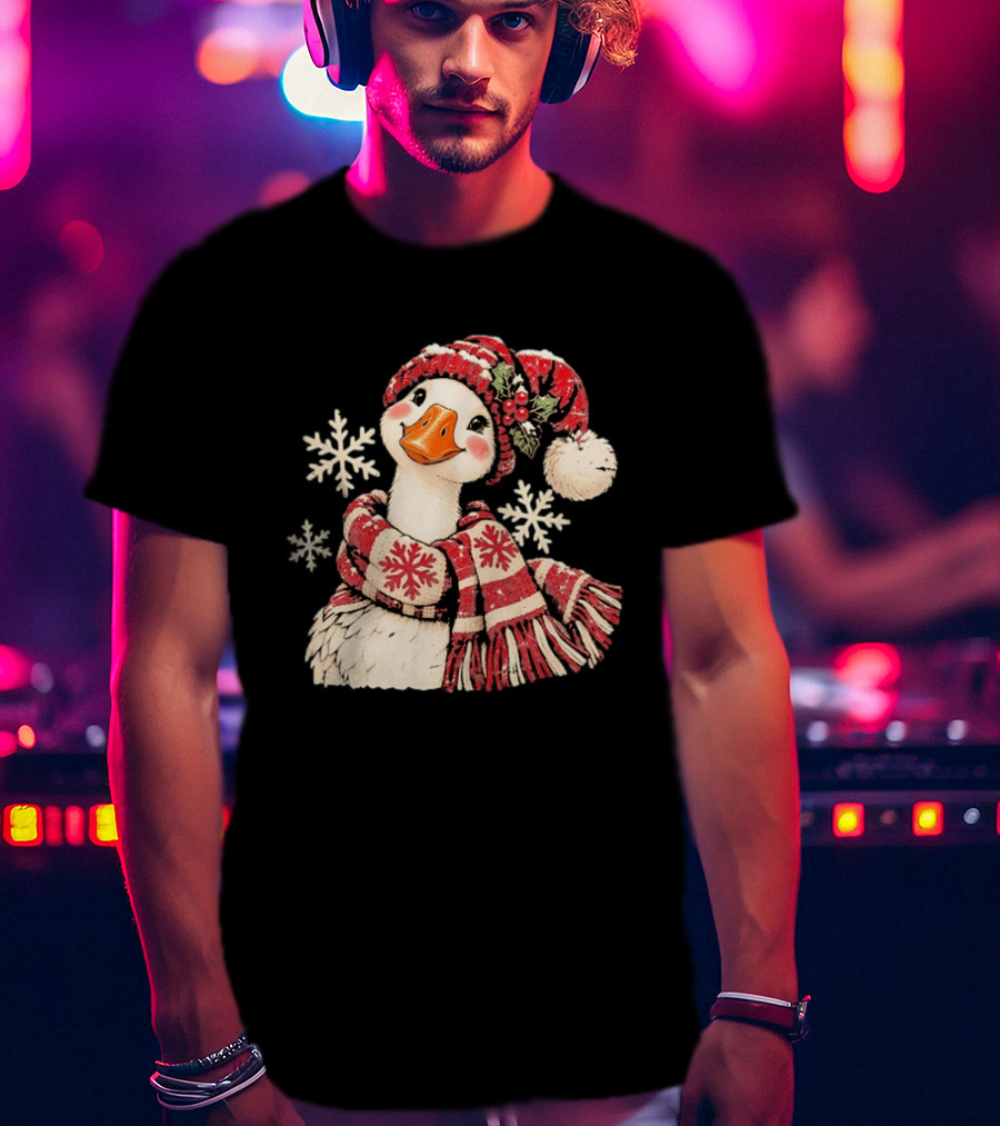 Goose With Red Scarf And Hat In Snowflake Winter Scene T-Shirt
