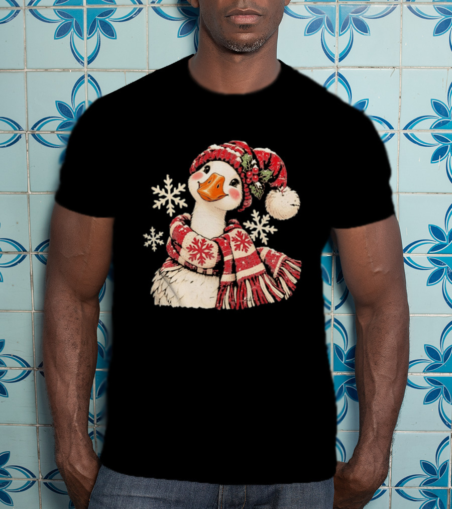 Goose With Red Scarf And Hat In Snowflake Winter Scene T-Shirt
