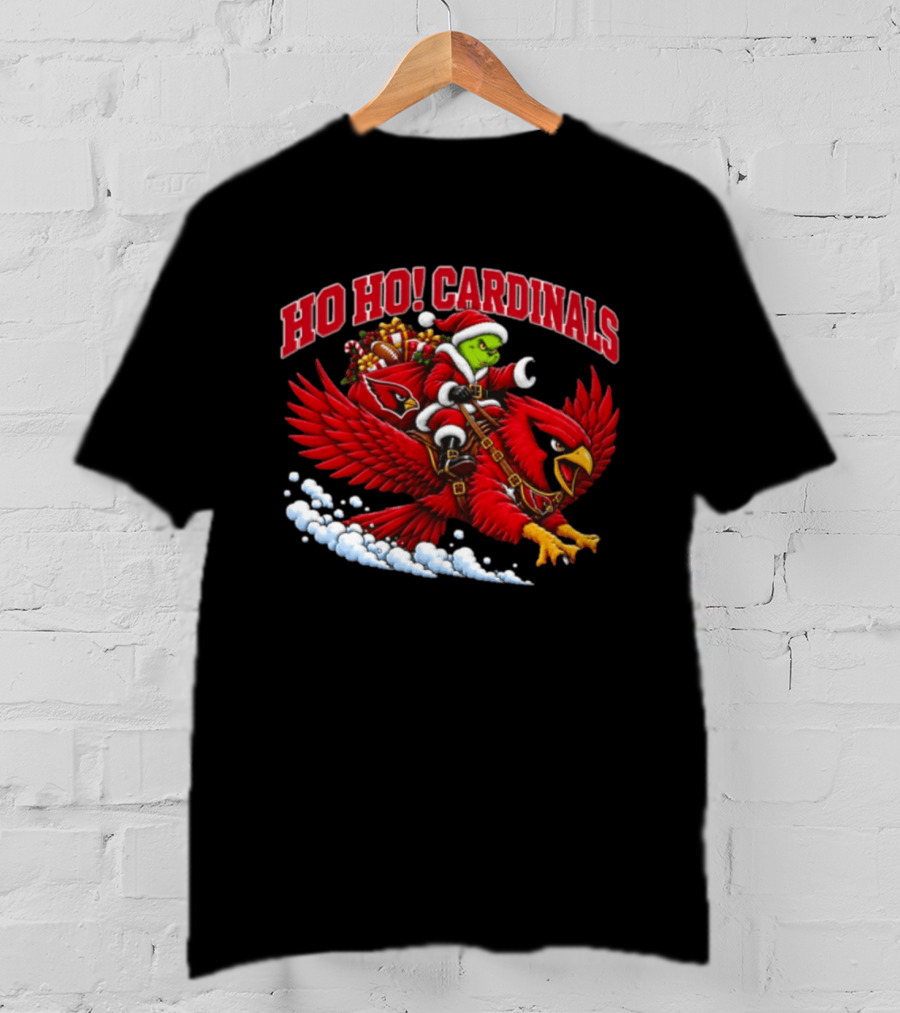 HO HO Cardinals Grinch Christmas Football Arizona Riding Sleigh T-Shirt