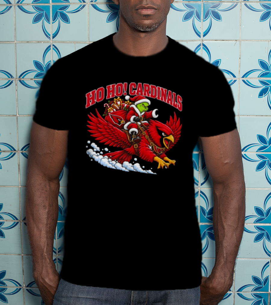 HO HO Cardinals Grinch Christmas Football Arizona Riding Sleigh T-Shirt