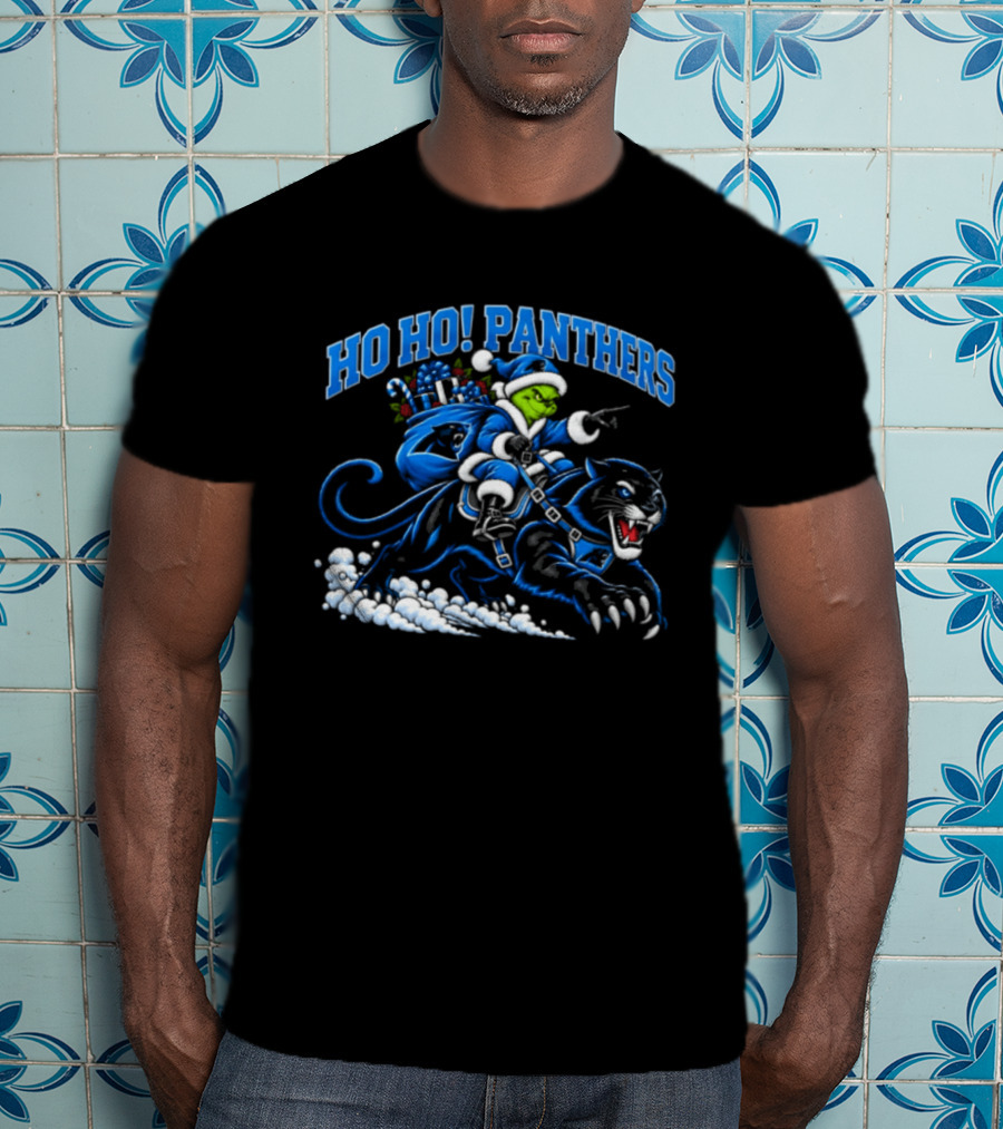 Ho Ho Panthers Grinch Christmas Football Riding Panther T-Shirt