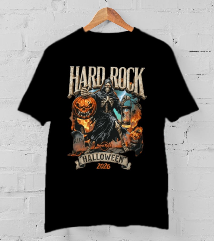 Hard Rock Halloween 2026 Skeleton Grim Reaper Pumpkin Hourglass T-Shirt
