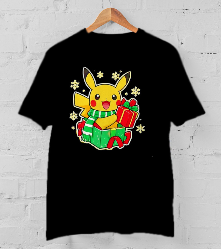 Pikachu Christmas Scarf With Gift Box Pokemon Holiday T-Shirt