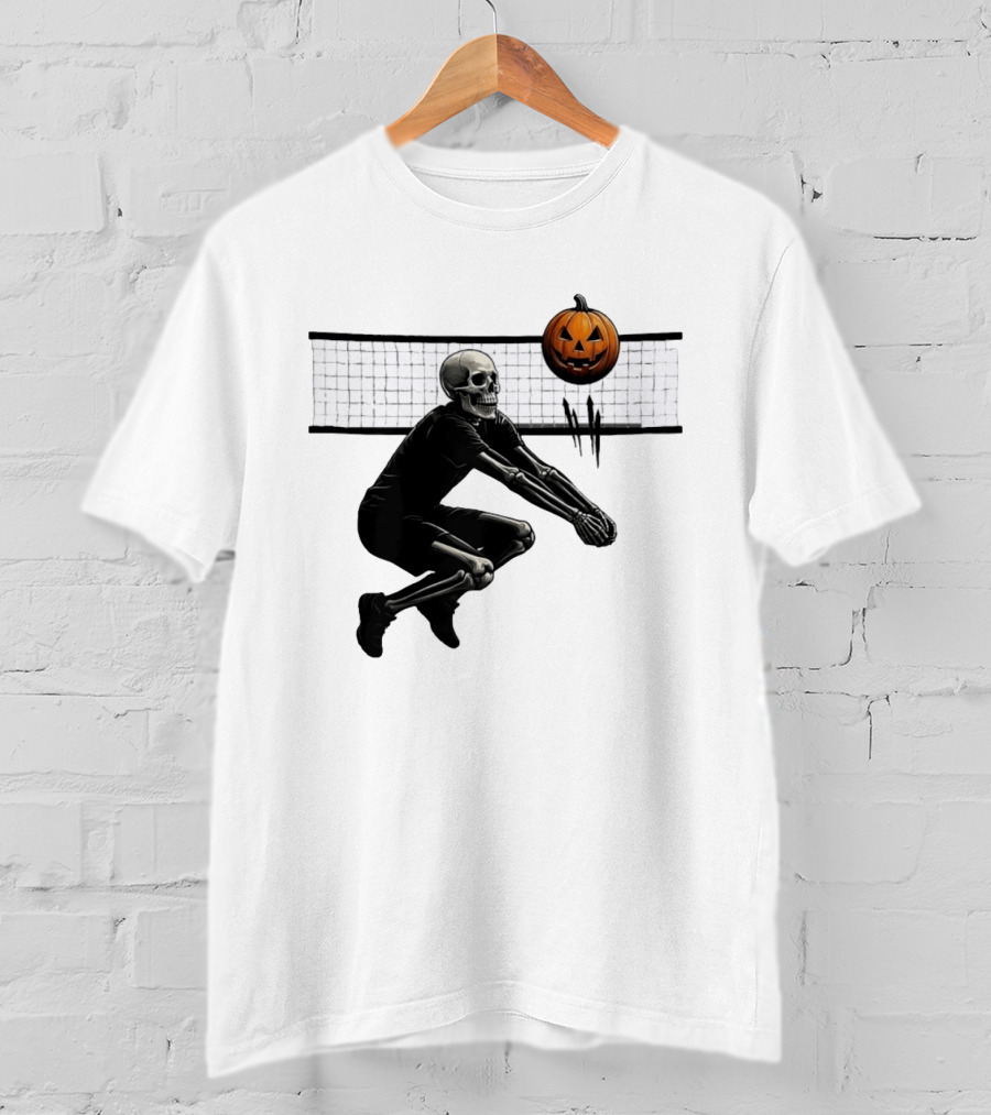 Bump Or Treat Halloween Volleyball Skeleton Pumpkin Spike T-Shirt
