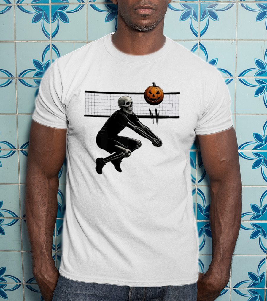 Bump Or Treat Halloween Volleyball Skeleton Pumpkin Spike T-Shirt
