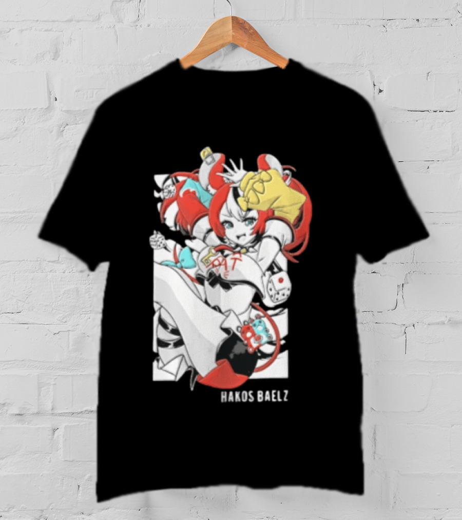 Hololive Hakos Baelz Anime Girl Red Hair Dice Playful Jumping T-Shirt