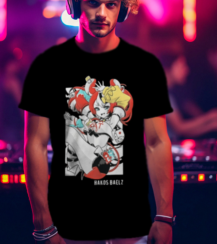 Hololive Hakos Baelz Anime Girl Red Hair Dice Playful Jumping T-Shirt