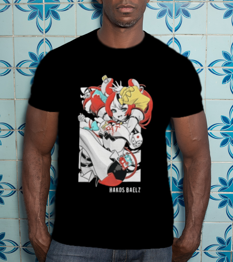 Hololive Hakos Baelz Anime Girl Red Hair Dice Playful Jumping T-Shirt