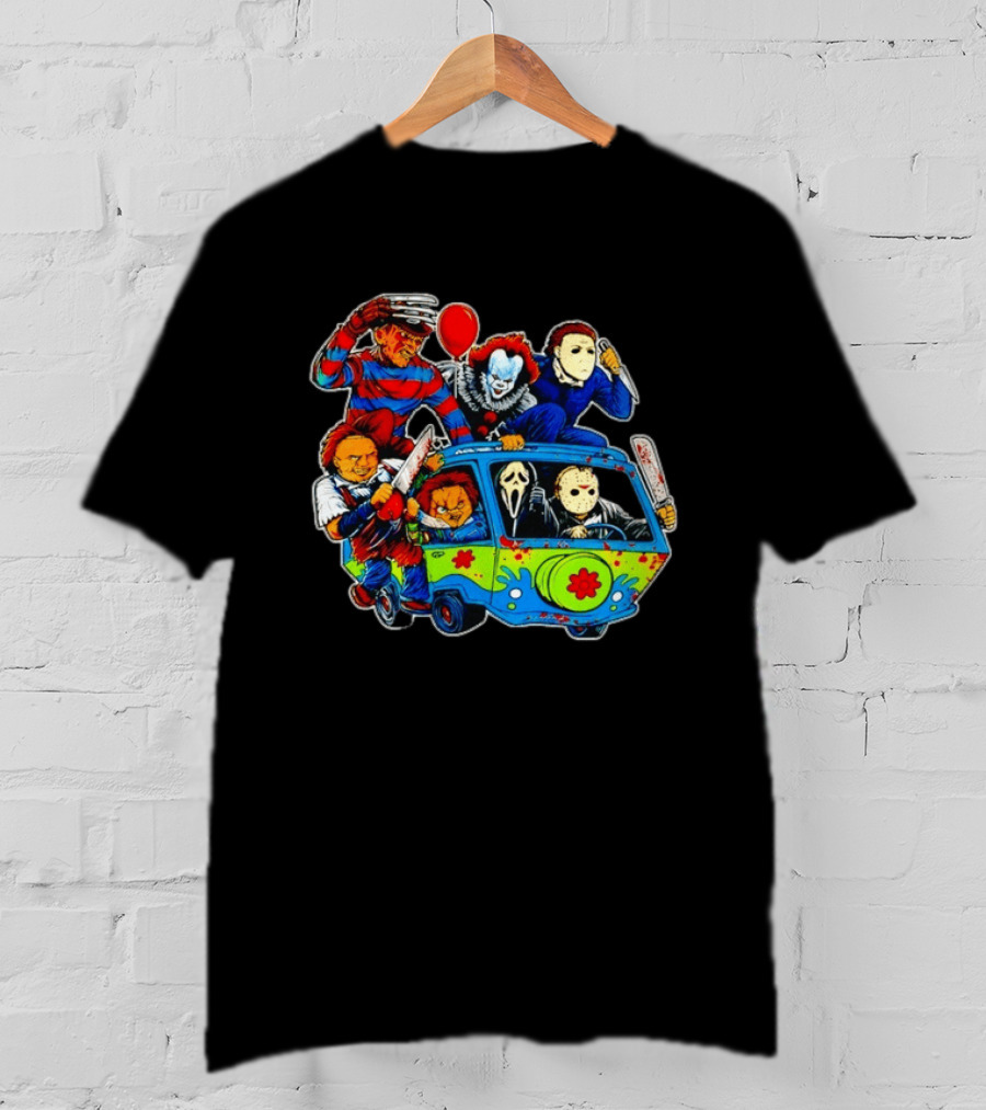 Horror Movie Icons Ride In Mystery Machine Van With Murderous Villains T-Shirt