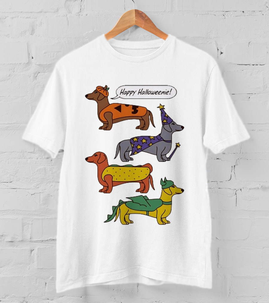 Happy Halloweenie Dachshund Dogs Costumes Pumpkin Wizard Hot Dog Dragon T-Shirt