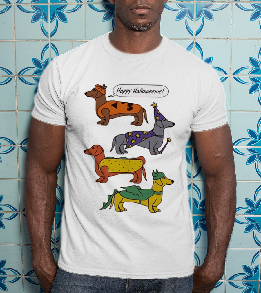 Happy Halloweenie Dachshund Dogs Costumes Pumpkin Wizard Hot Dog Dragon T-Shirt