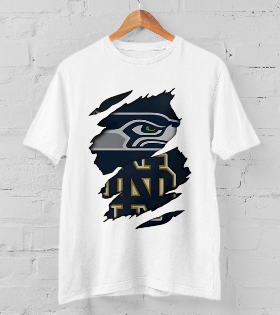 Seattle Seahawks Notre Dame Fighting Irish Ripped Effect NCAA Logos T-Shirt