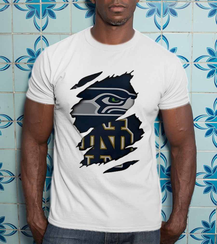 Seattle Seahawks Notre Dame Fighting Irish Ripped Effect NCAA Logos T-Shirt