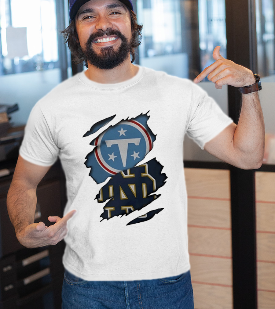 Tennessee Titans Notre Dame Fighting Irish Ripped NCAA Football Collaboration T-Shirt