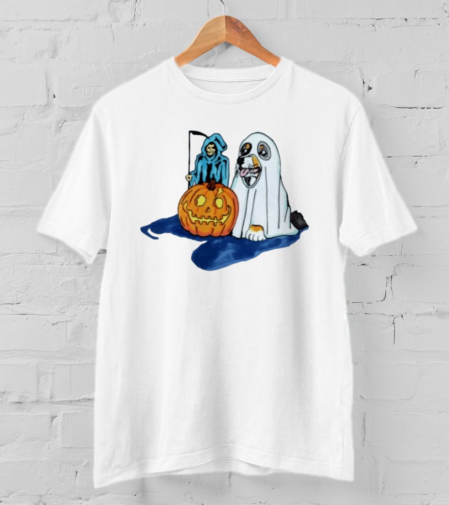 Trick Or Treat Dog Ghost Costume With Grim Reaper And Pumpkin T-Shirt