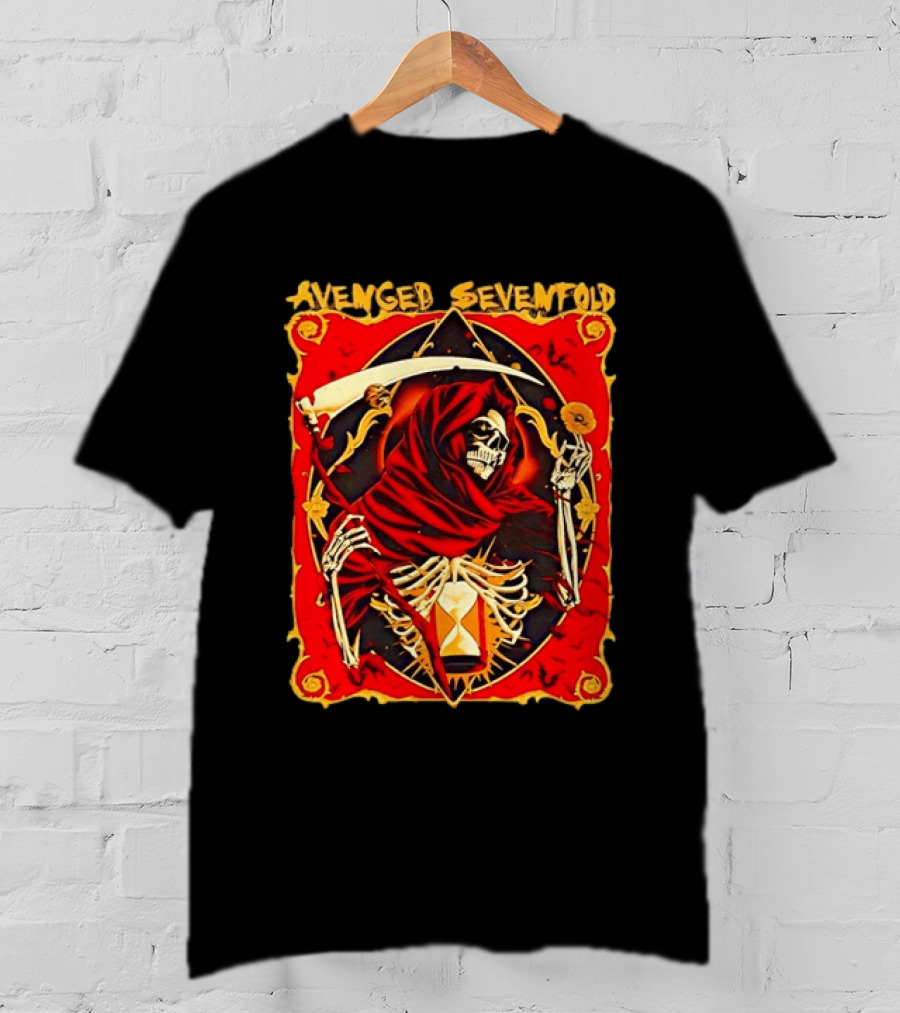 Avenged Sevenfold Grim Reaper Scythe Skeleton Hourglass Cloaked Skeleton T-Shirt