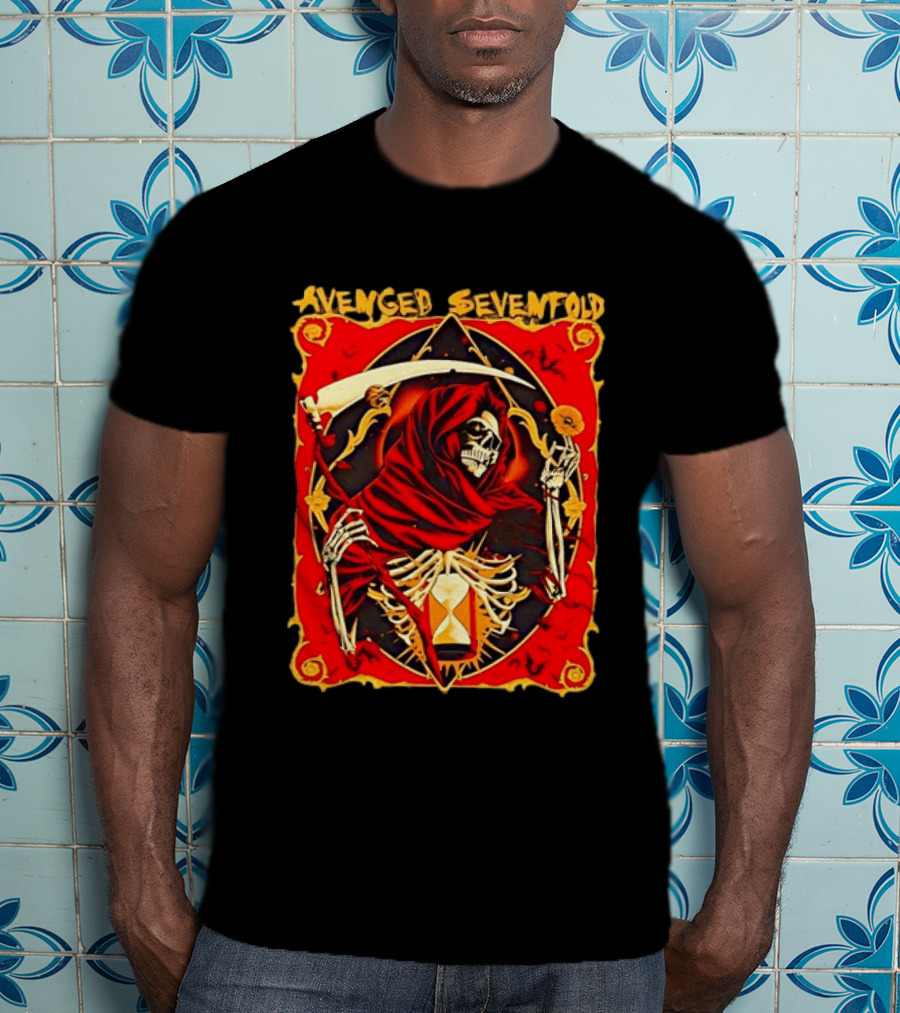 Avenged Sevenfold Grim Reaper Scythe Skeleton Hourglass Cloaked Skeleton T-Shirt