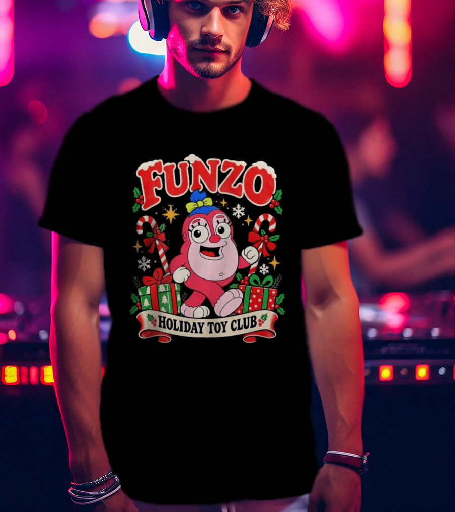 Funzo Christmas Holiday Toy Club Candy Cane And Presents T-Shirt