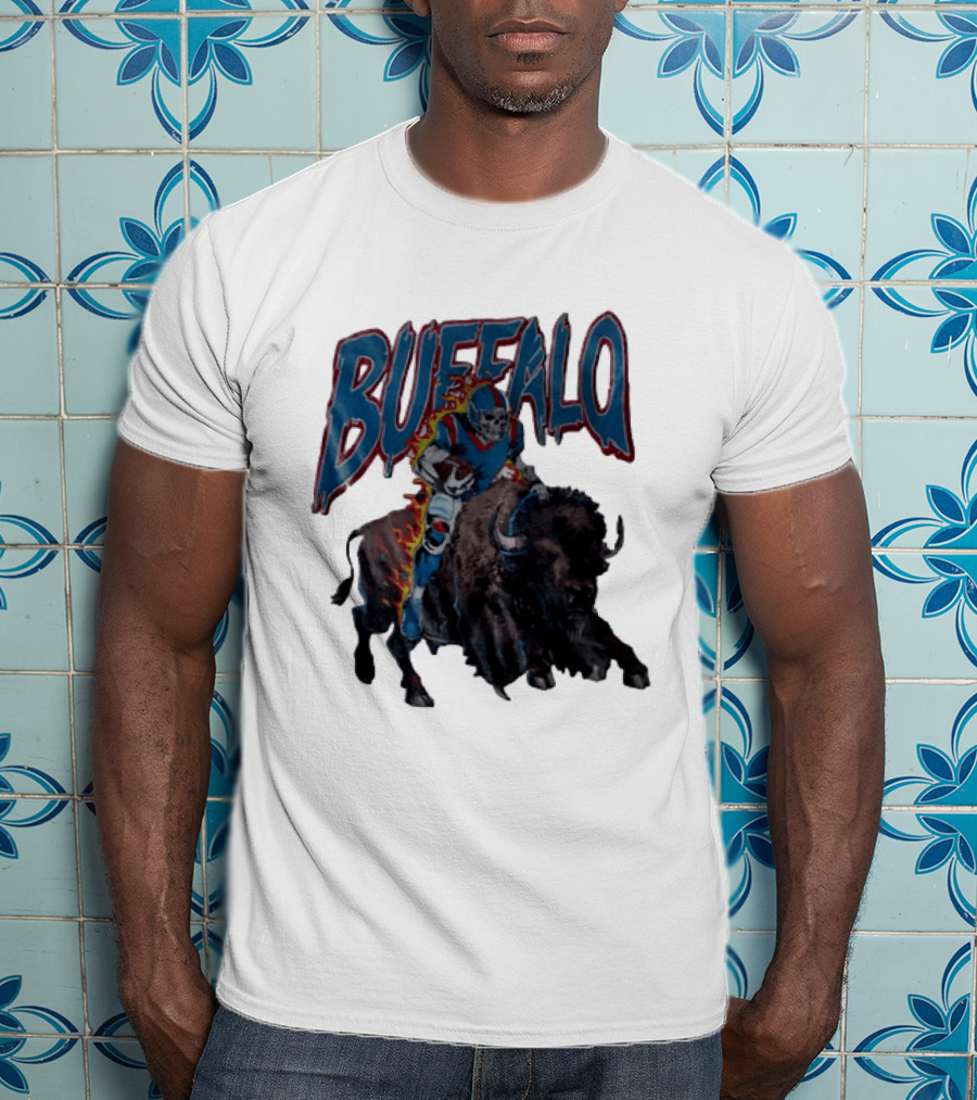 Buffalo Bills Skeleton Football Player Riding Charging Buffalo T-Shirt