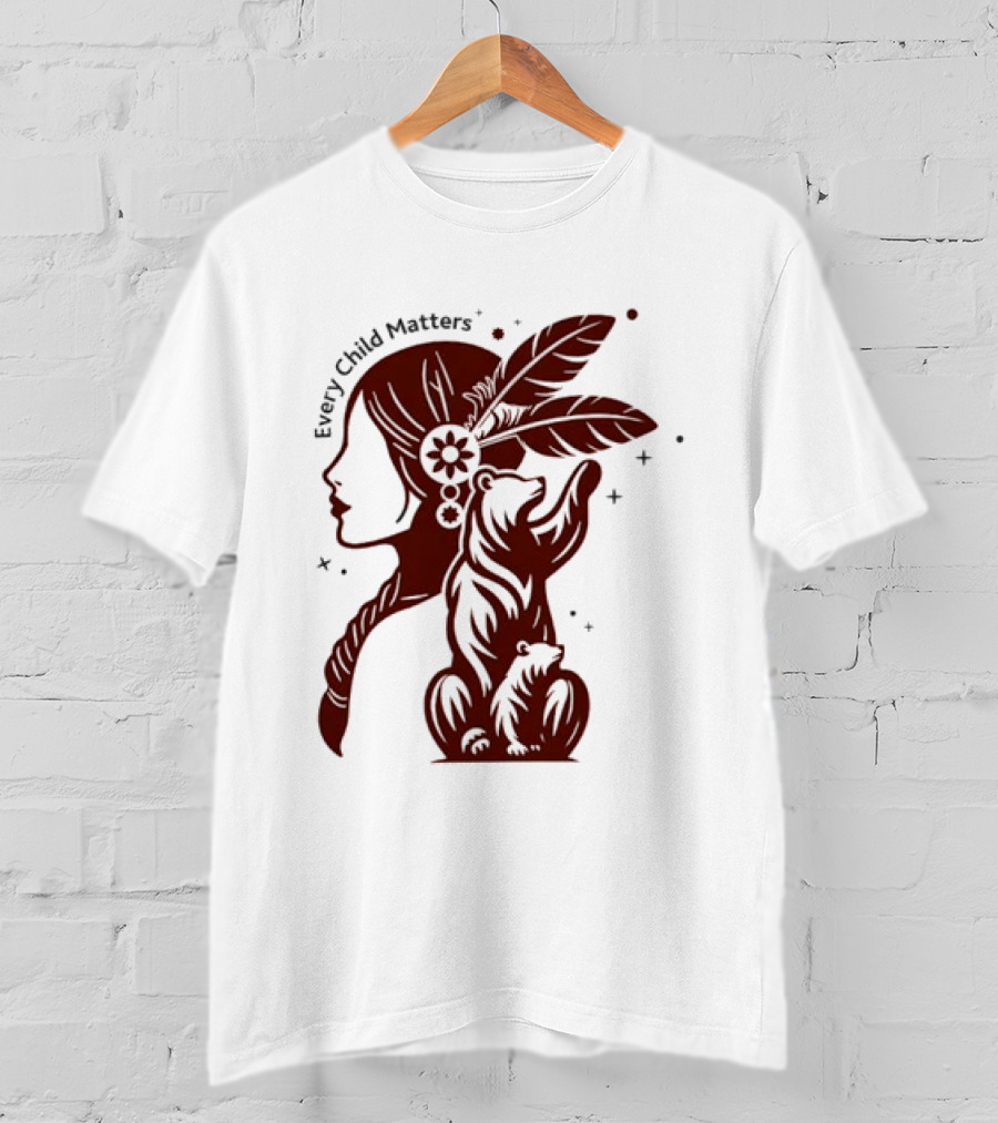Every Child Matters Indigenous Woman Profile With Bear And Feathers T-Shirt