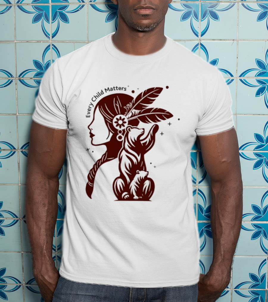 Every Child Matters Indigenous Woman Profile With Bear And Feathers T-Shirt